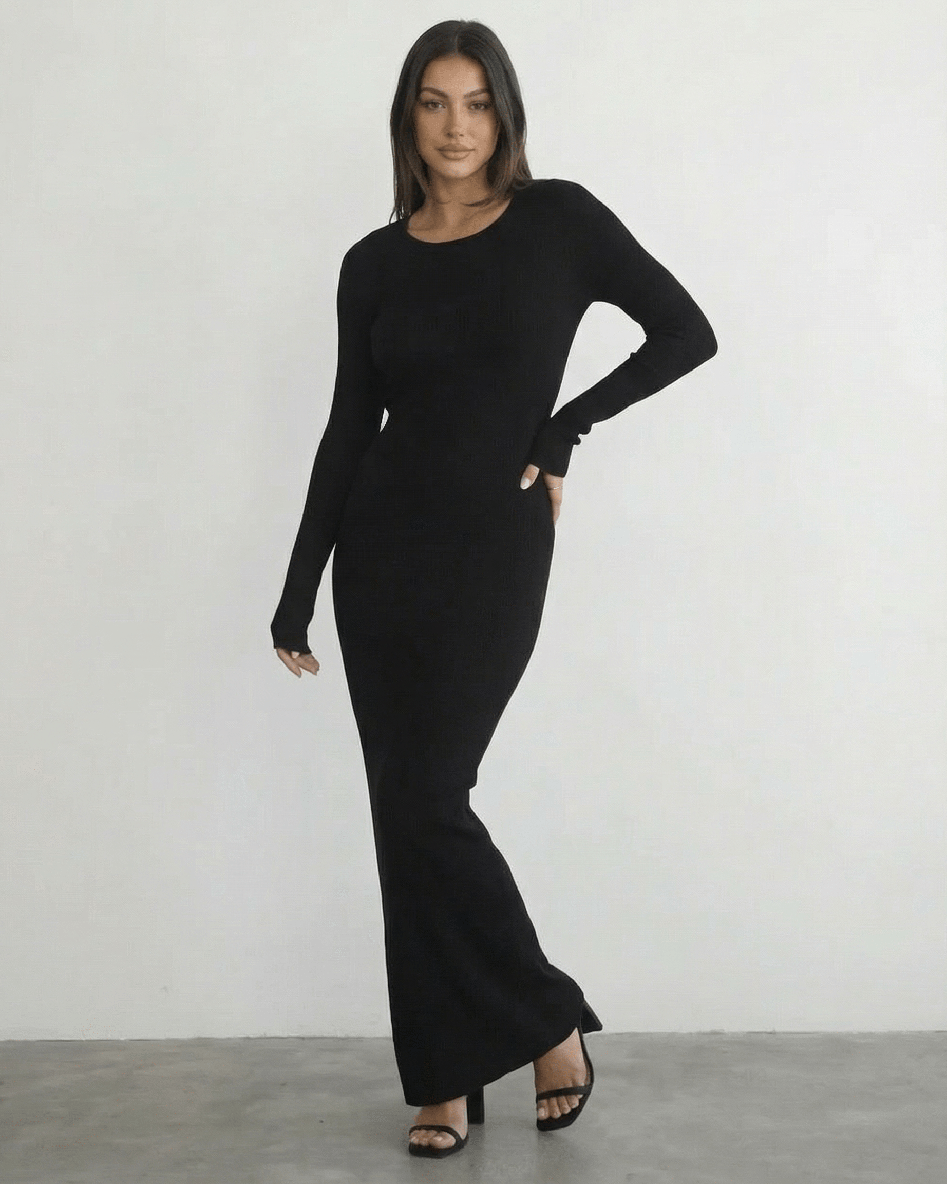 Nyx Maxi Dress by Lauven - Long sleeve black maxi dress with open back detail and sleek pencil silhouette.