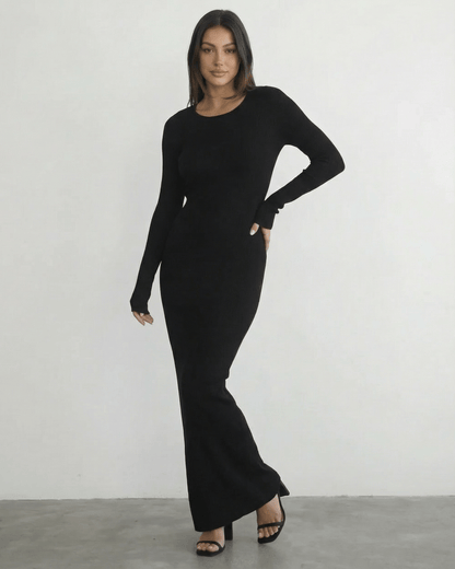 Nyx Maxi Dress by Lauven - Long sleeve black maxi dress with open back detail and sleek pencil silhouette.