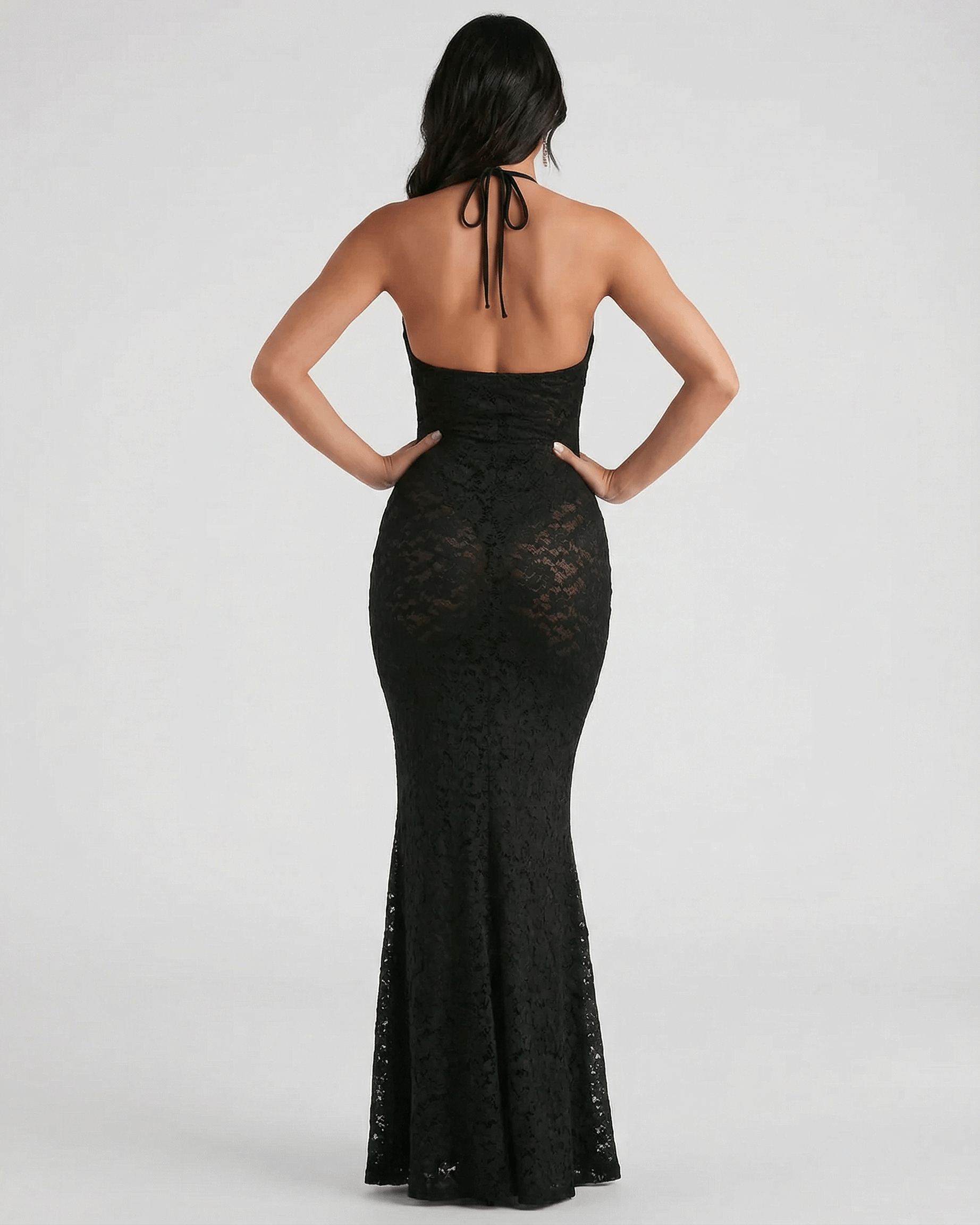 Nyx Maxi Dress by Lauven featuring lace V-neck trumpet silhouette and ankle-length hem, showcased from the back.