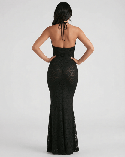 Nyx Maxi Dress by Lauven featuring lace V-neck trumpet silhouette and ankle-length hem, showcased from the back.
