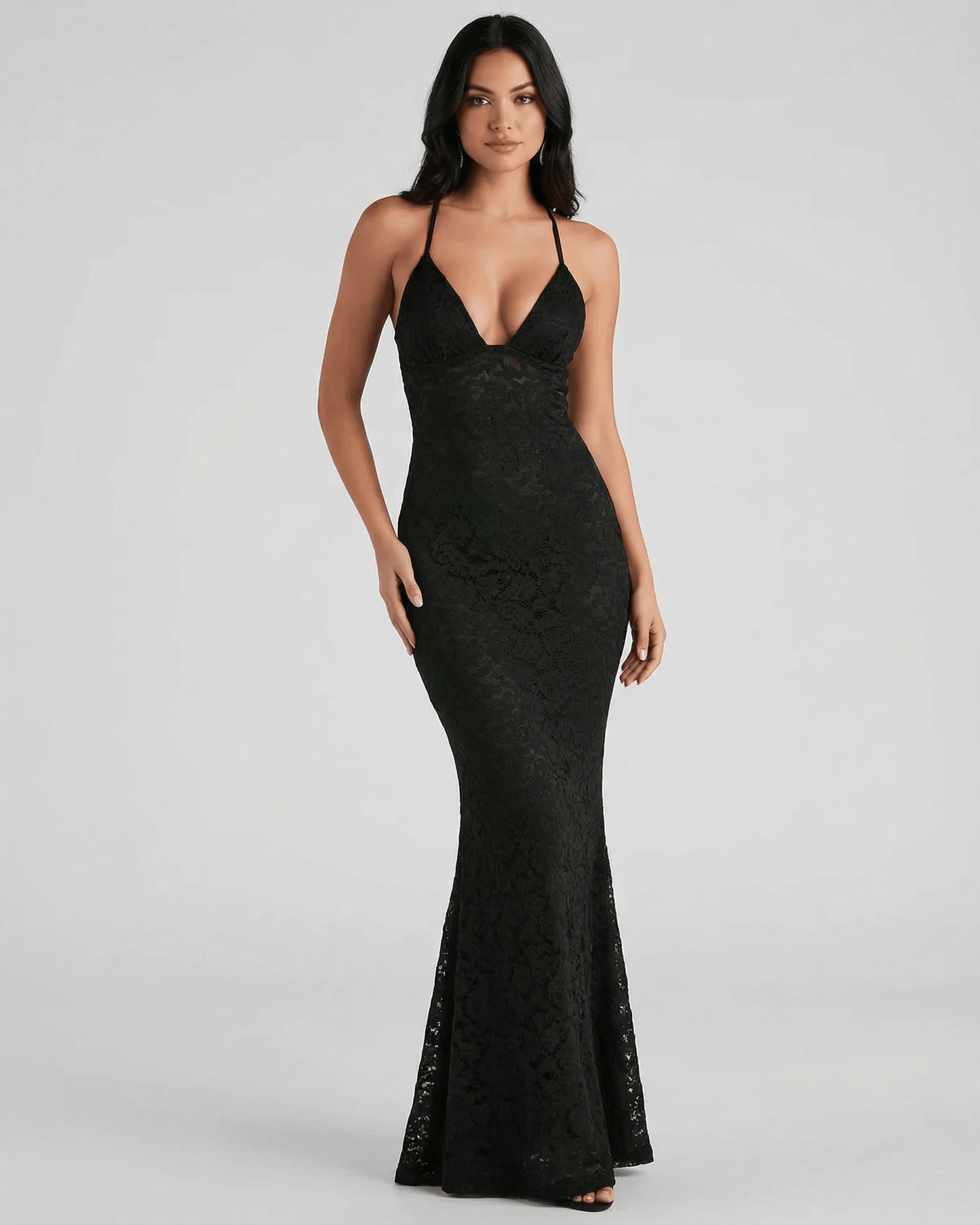 Nyx Maxi Dress by Lauven featuring a lace V-neck trumpet silhouette in black.
