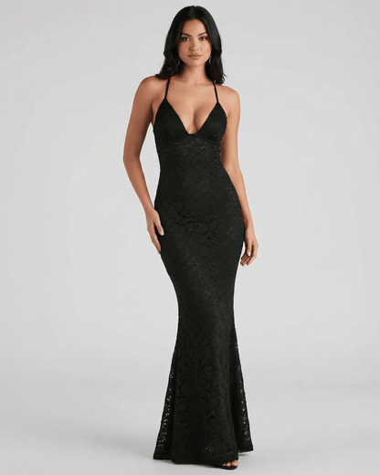Nyx Maxi Dress by Lauven featuring a lace V-neck trumpet silhouette in black.