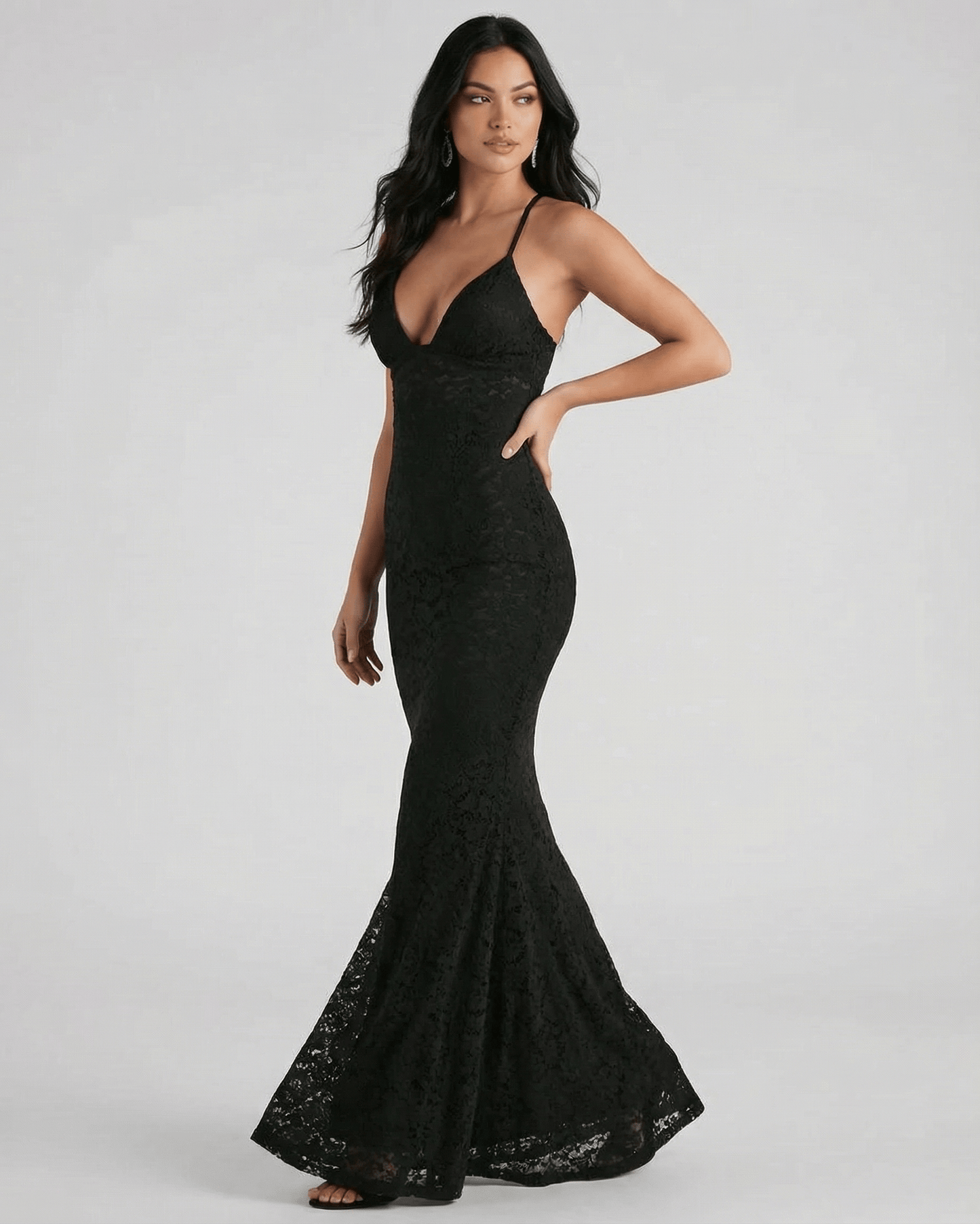 Nyx Maxi Dress by Lauven - elegant lace V-neck trumpet silhouette in solid black, ankle-length design.