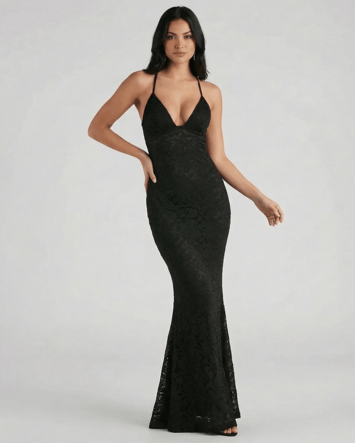 Nyx Maxi Dress by Lauven featuring lace V-neck, trumpet silhouette, and ankle-length in elegant black.
