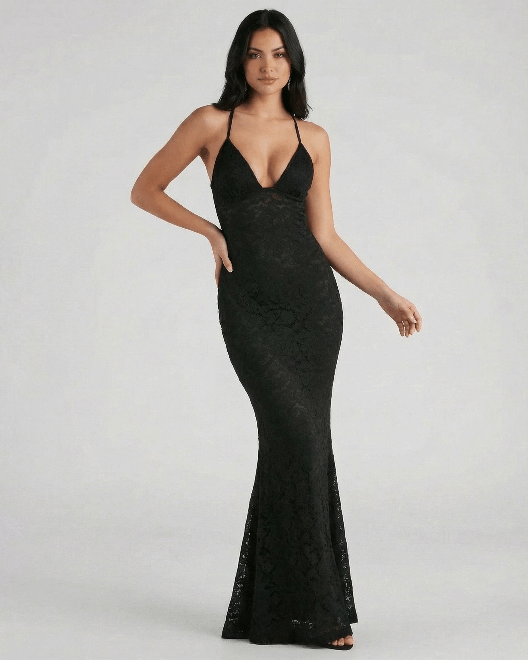 Nyx Maxi Dress by Lauven featuring lace V-neck, trumpet silhouette, and ankle-length in elegant black.