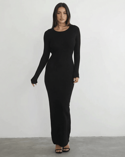 Nyx Maxi Dress by Lauven featuring a long sleeve black design and sleek pencil silhouette.
