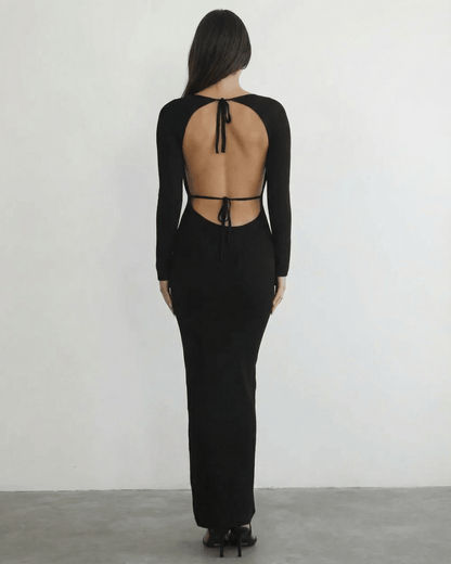 Nyx Maxi Dress from Lauven, showcasing the elegant back detail and long sleeve design.