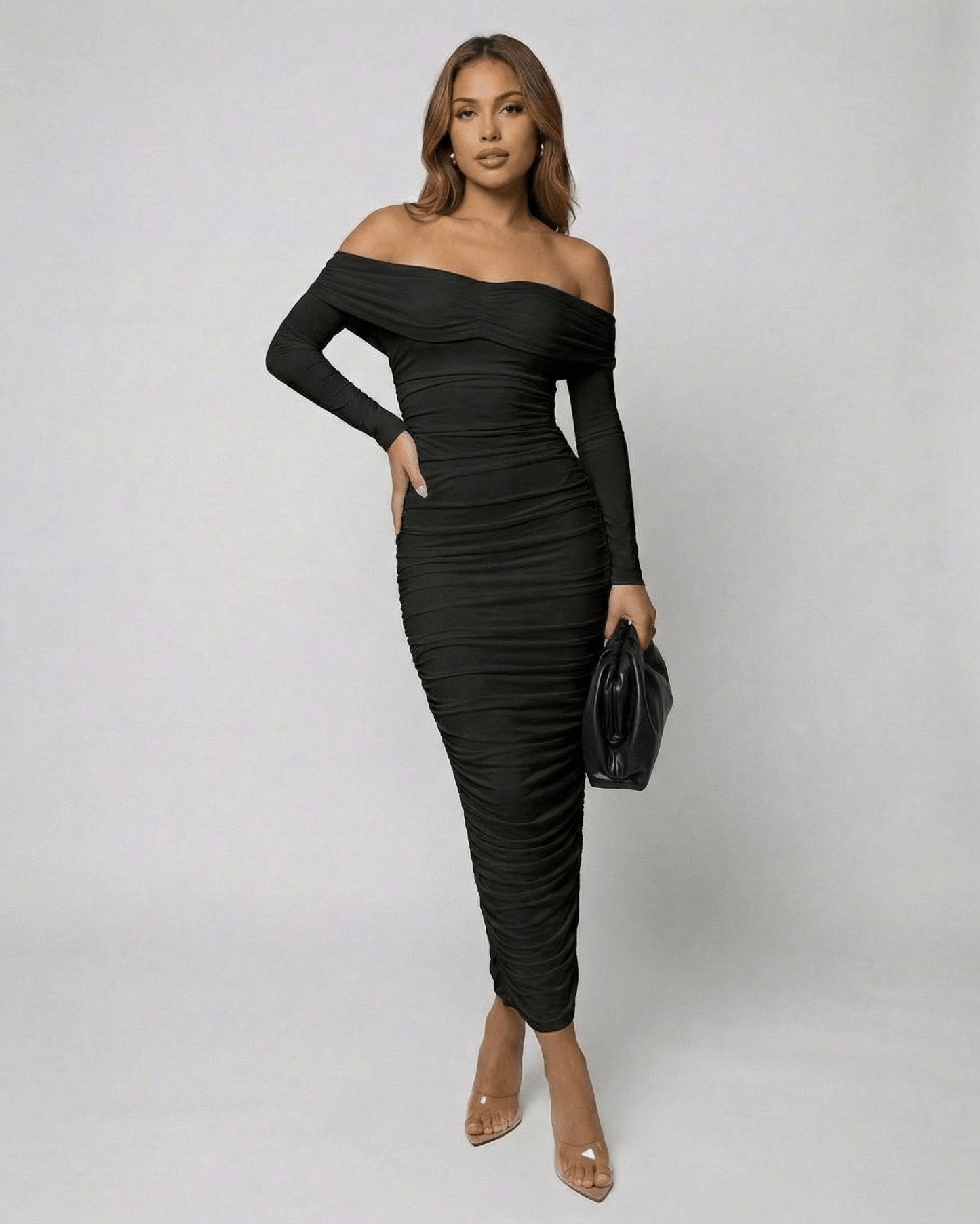 Nyx Midi Dress by Lauven - Off-the-shoulder black dress with ruched detail and sleek body-contouring style.