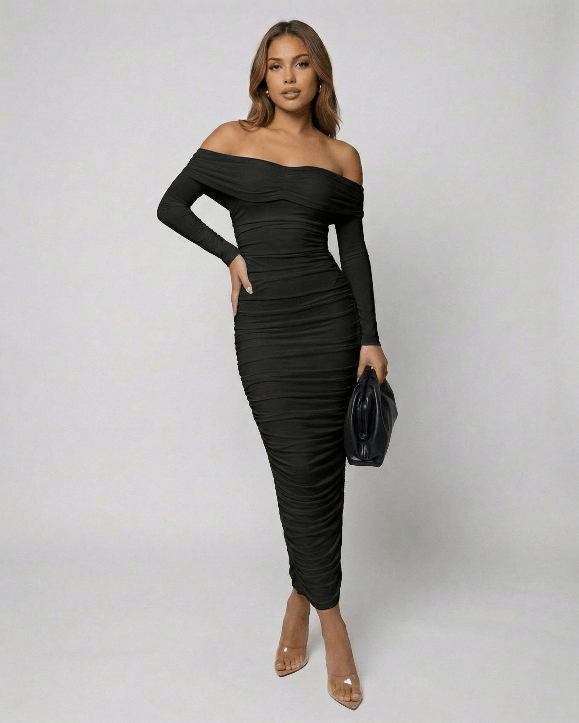 Nyx Midi Dress by Lauven - Off-the-shoulder black dress with ruched detail and sleek body-contouring style.