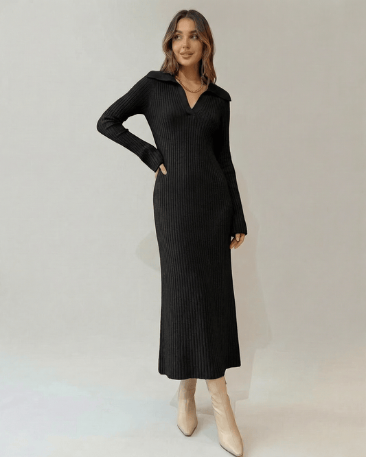 Model wearing a sleek Lauven Nyx Midi Dress with ribbed knit and a V-neck collar, showcasing a contemporary silhouette.