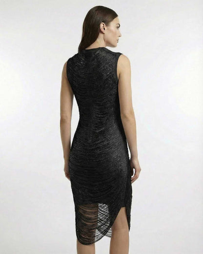 Nyx Midi Dress by Lauven - Back view showcasing sleek bodycon silhouette and textured details.