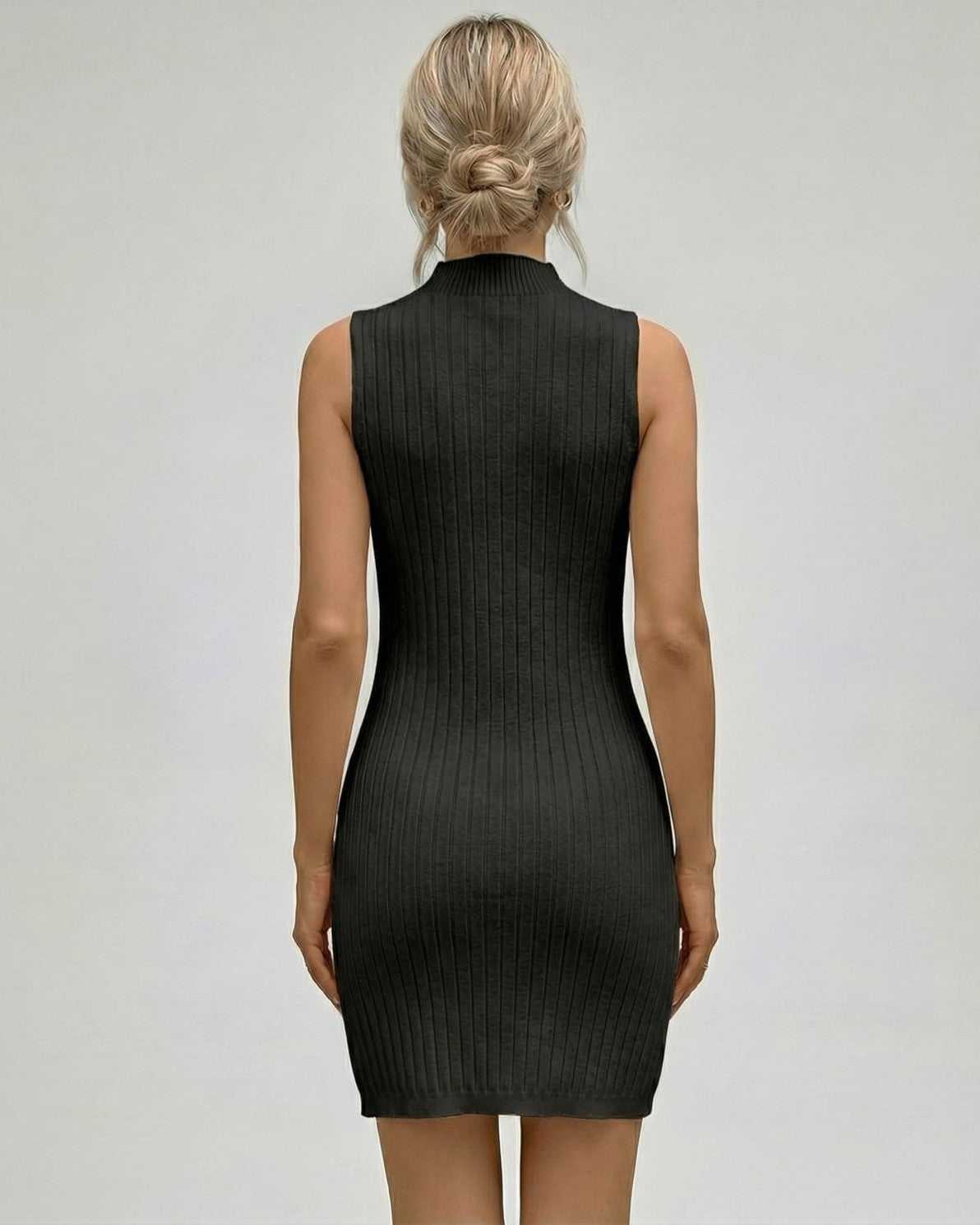 Back view of the Lauven Nyx Mini Dress, showcasing ribbed sleeveless turtleneck design and sleek fit.