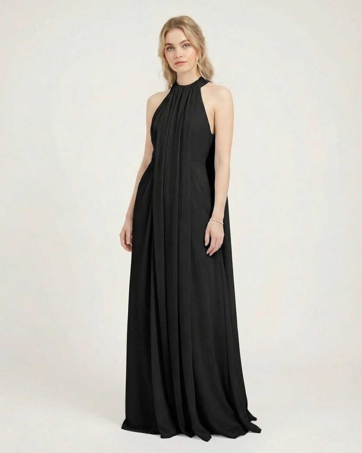 Obsidian Maxi Dress by Lauven, black halter neck sleeveless dress with a loose fit and elegant silhouette.