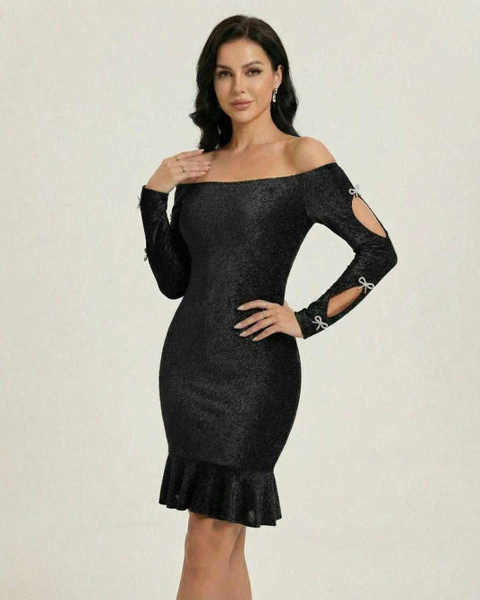 Obsidian Mini Dress by Lauven - Off-the-shoulder shimmering bodycon style with long sleeves and playful bow details.