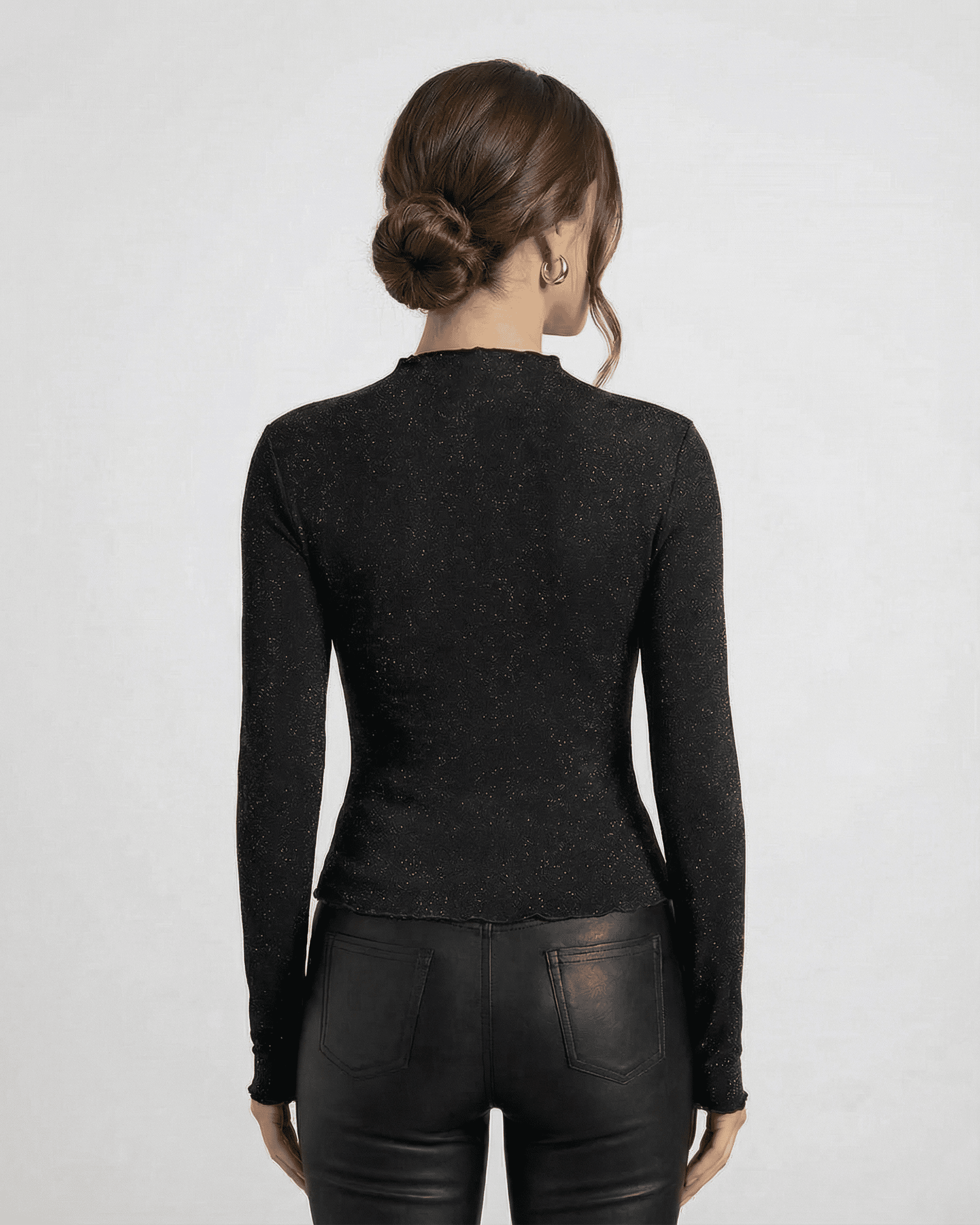 Onyx Blouse by Lauven - Long Sleeve Sequin Blouse Back View with Round Neck and Slim Fit
