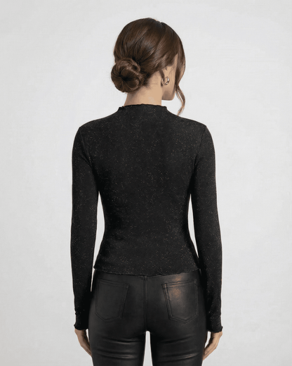 Onyx Blouse by Lauven - Long Sleeve Sequin Blouse Back View with Round Neck and Slim Fit