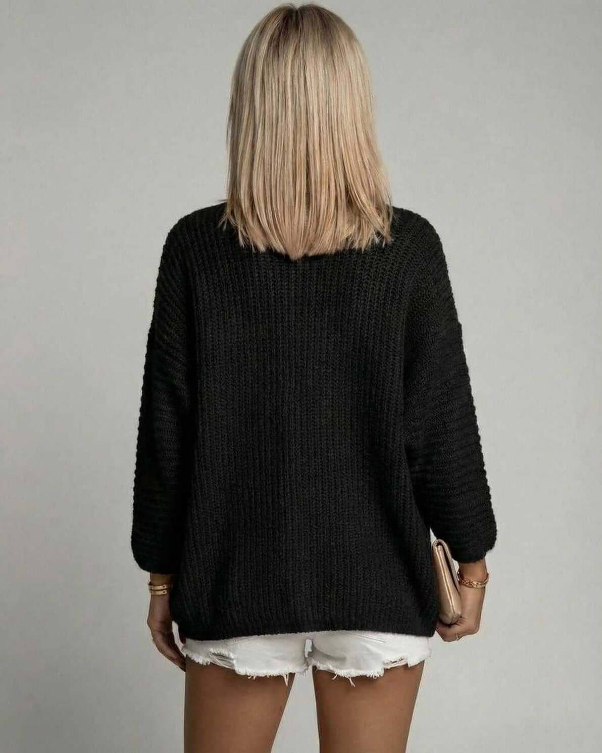 Onyx Cardigan by Lauven – women’s black open front cardigan sweater with long sleeves, back view.