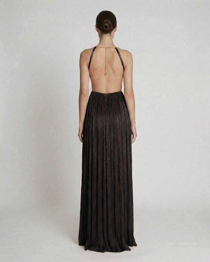 Back view of Lauven Onyx Maxi Dress showcasing halter neckline and pleated sheath silhouette.