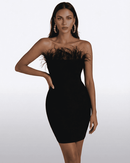 Onyx Mini Dress by Lauven, strapless black bodycon dress featuring feather trim for a stylish look.