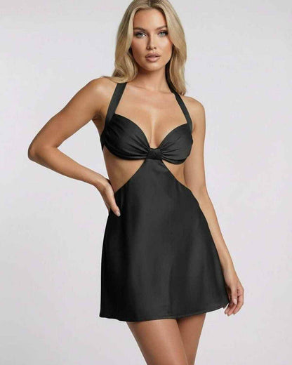 Onyx Mini Dress by Lauven in sleek black satin featuring halter neck and cut-out detail, perfect for summer nights.