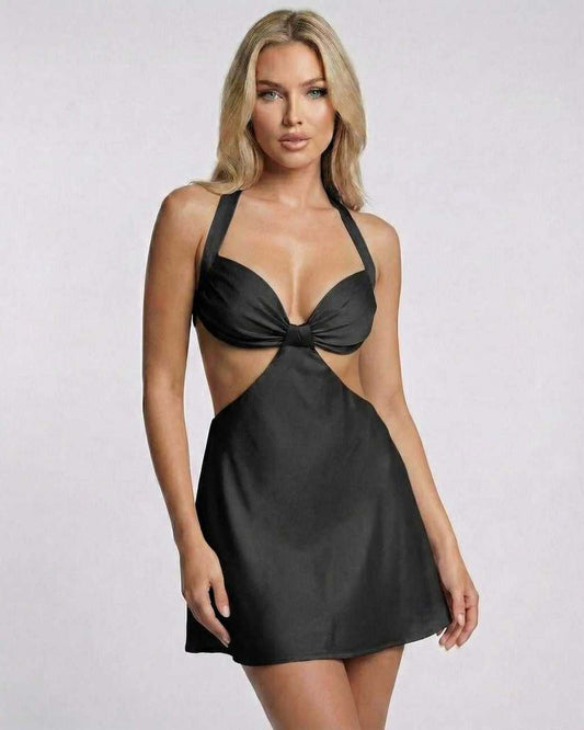 Onyx Mini Dress by Lauven in sleek black satin with halter neck and cut-out detail.
