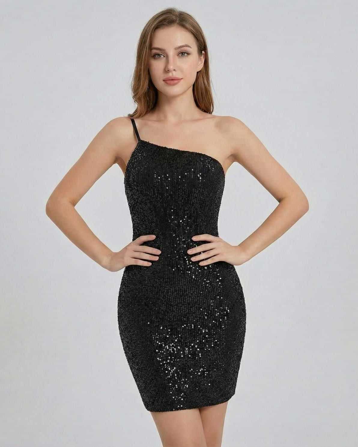 Onyx Mini Dress by Lauven features a black sequin design and bodycon silhouette for a dazzling look.