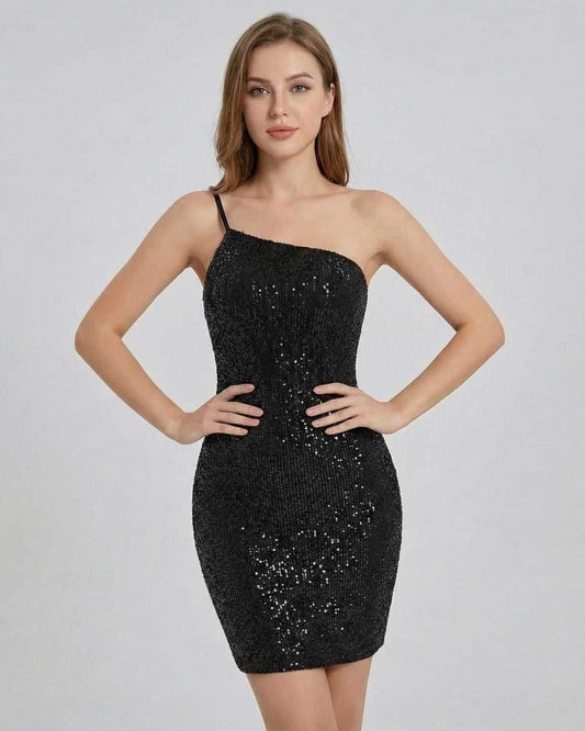 Onyx Mini Dress by Lauven features a black sequin design and bodycon silhouette for a dazzling look.