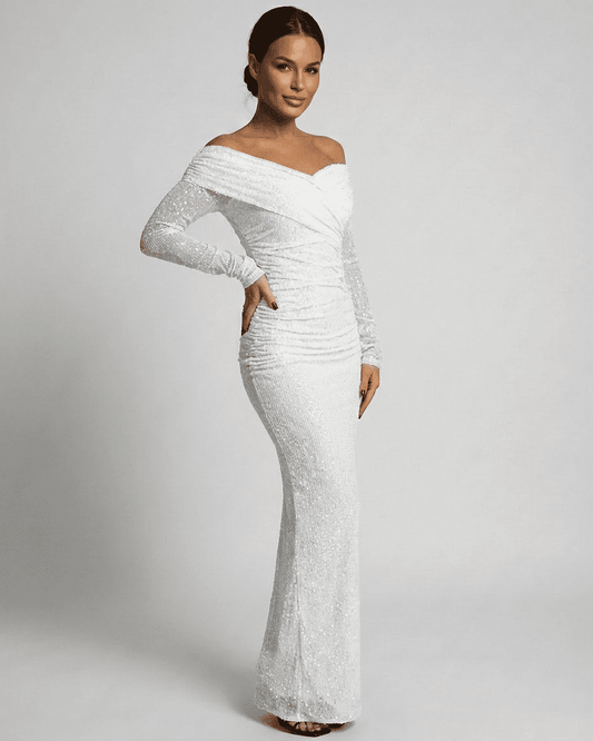Opal Maxi Dress by Lauven, elegant off-the-shoulder mesh sequin gown with long sleeves.