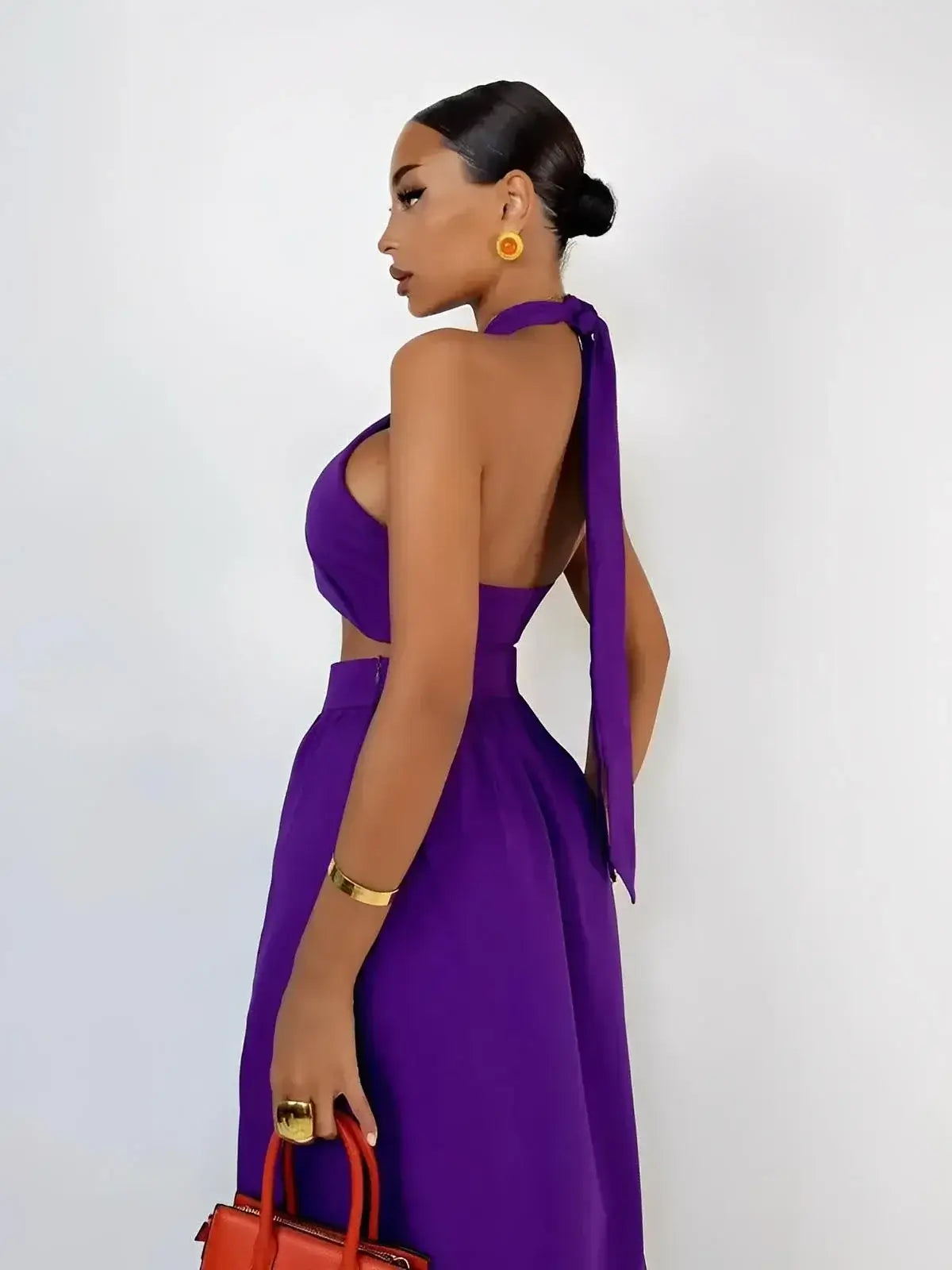 Orchid Drape Set by Lauven - Stylish halter top and high-slit maxi skirt in vibrant orchid purple.