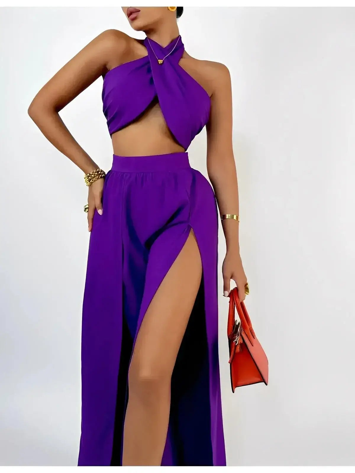 Orchid Drape Set by Lauven features a halter top and high-slit maxi skirt in vivid orchid purple, perfect for summer.