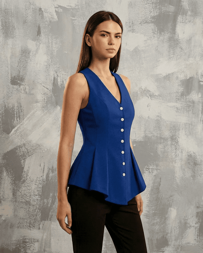 Orion Blouse by Lauven in deep blue, featuring a tailored sleeveless V-neck design with a peplum fit.