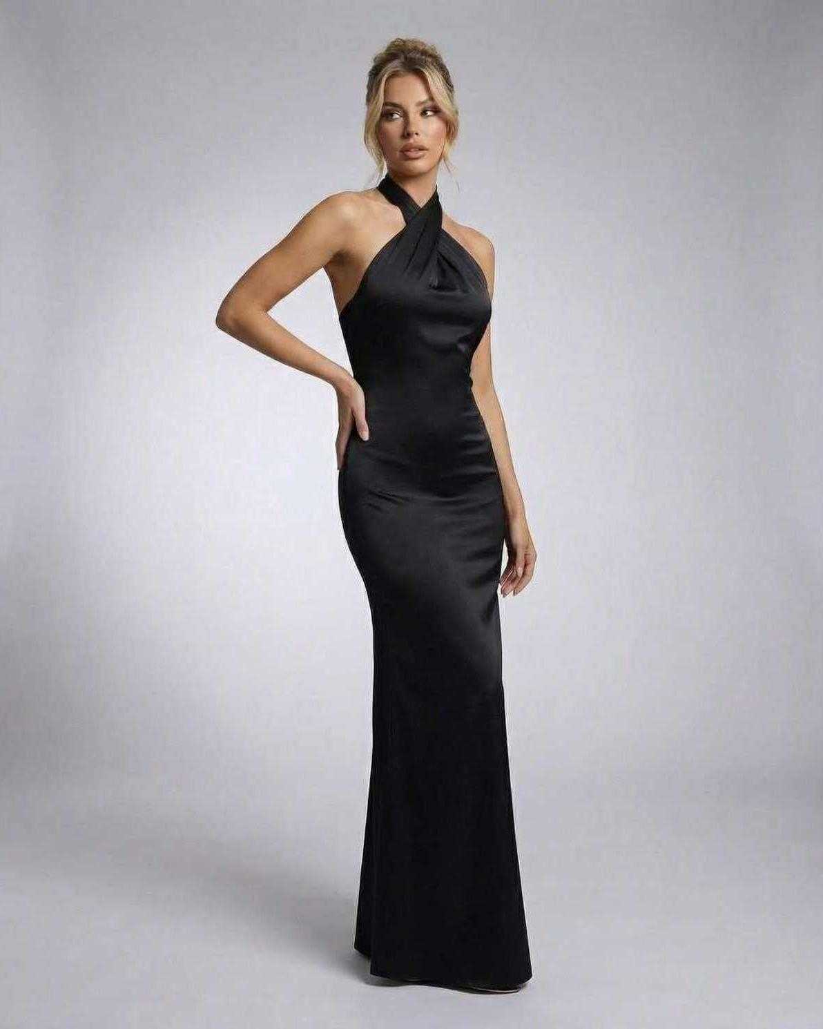Orion Maxi Dress by Lauven, halter neck black bodycon silhouette showcasing modern elegance.