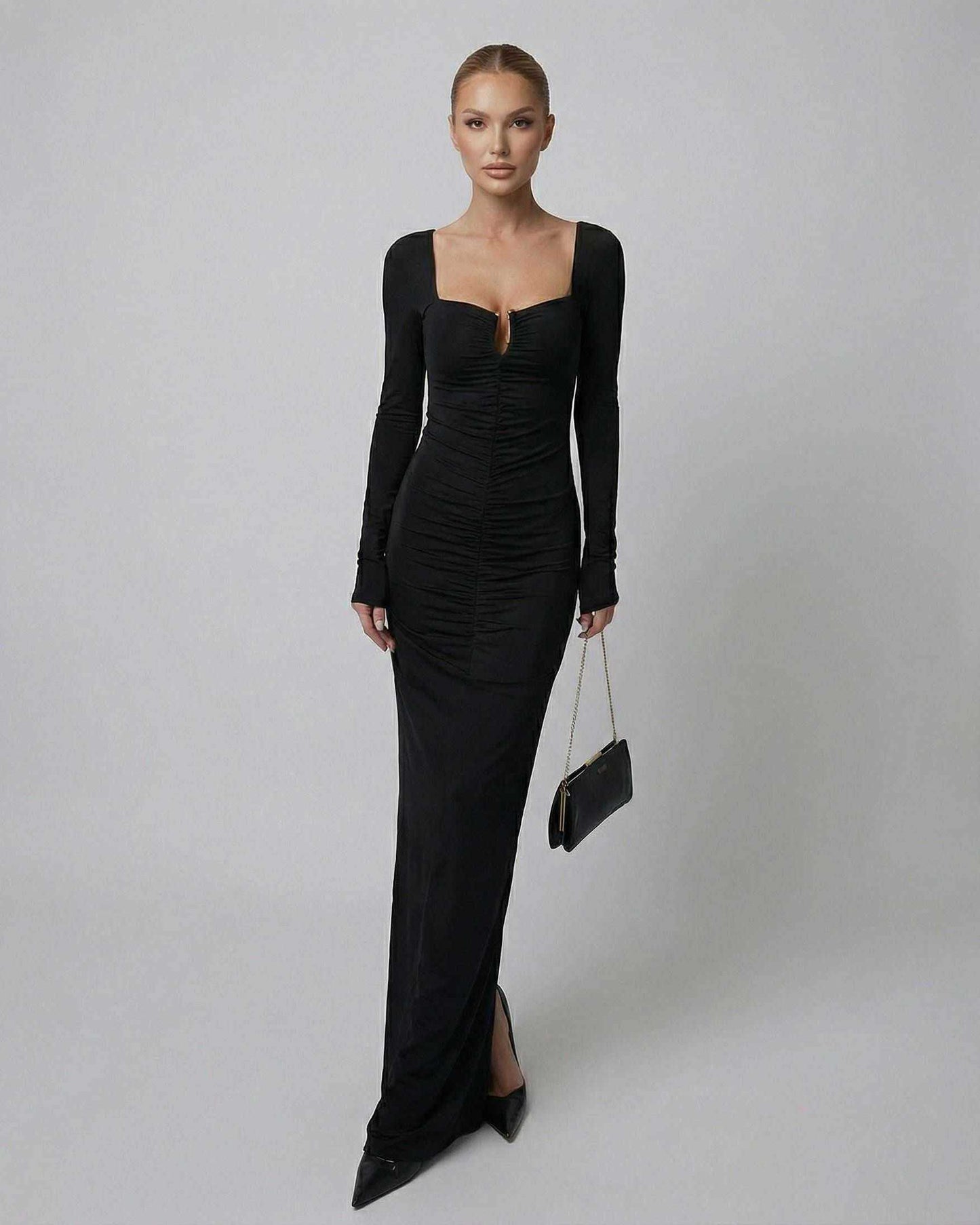 Orion Maxi Dress by Lauven - Long Sleeve Square Neck Black Maxi Dress with High-Waist Design