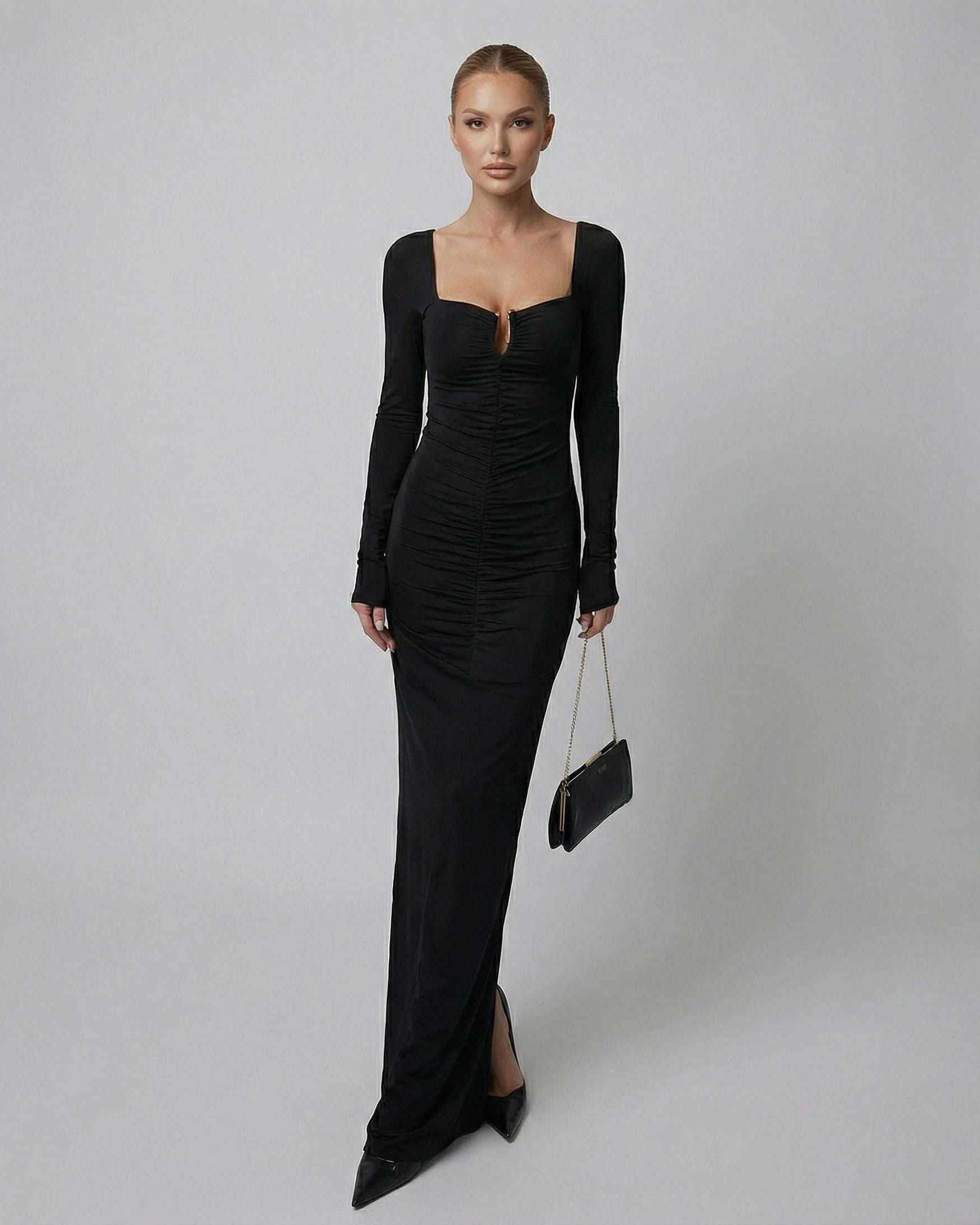 Orion Maxi Dress by Lauven - Long Sleeve Square Neck Black Maxi Dress with High-Waist Design