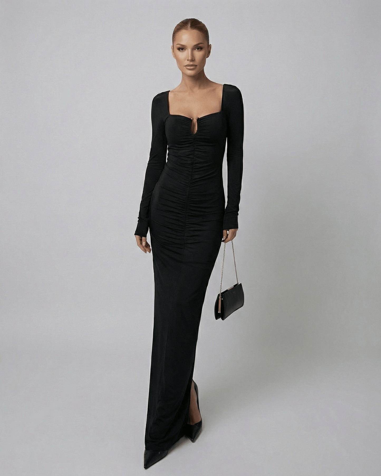 Orion Maxi Dress by Lauven - Long sleeve black maxi dress with high-waist silhouette and elegant design.