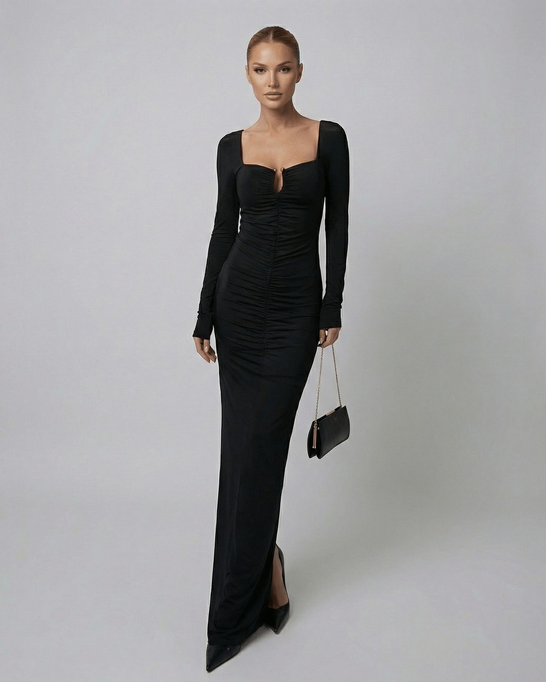 Orion Maxi Dress by Lauven - Long sleeve black maxi dress with high-waist silhouette and elegant design.