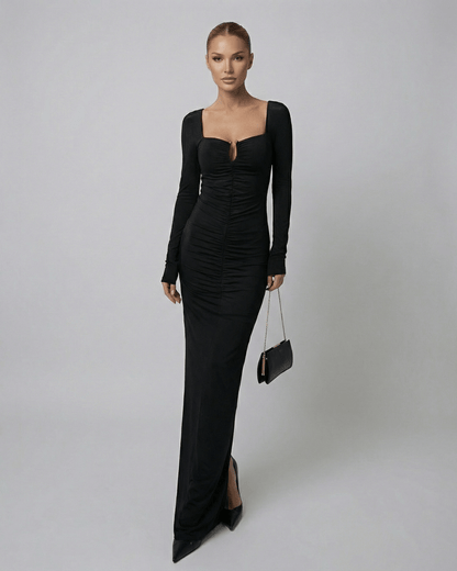Orion Maxi Dress by Lauven - Long sleeve black maxi dress with high-waist silhouette and elegant design.