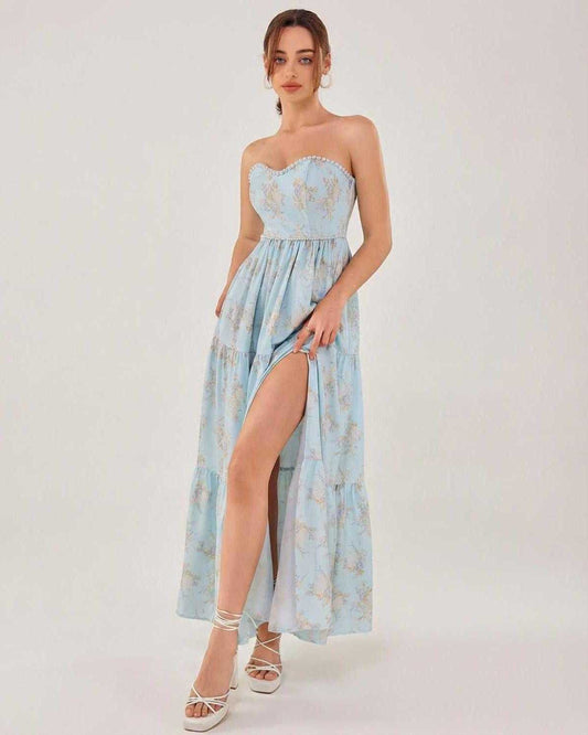 Orion Midi Dress by Lauven, elegant strapless dress with a daring slit, perfect for summer evenings.