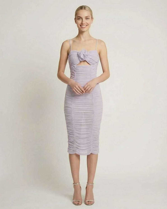Orion Midi Dress by Lauven - Elegant ruched lilac evening dress with floral detail.