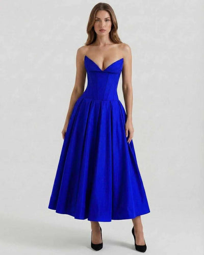 Orion Midi Dress by Lauven - Stunning strapless blue A-line ankle-length dress showcasing structured seam detailing.