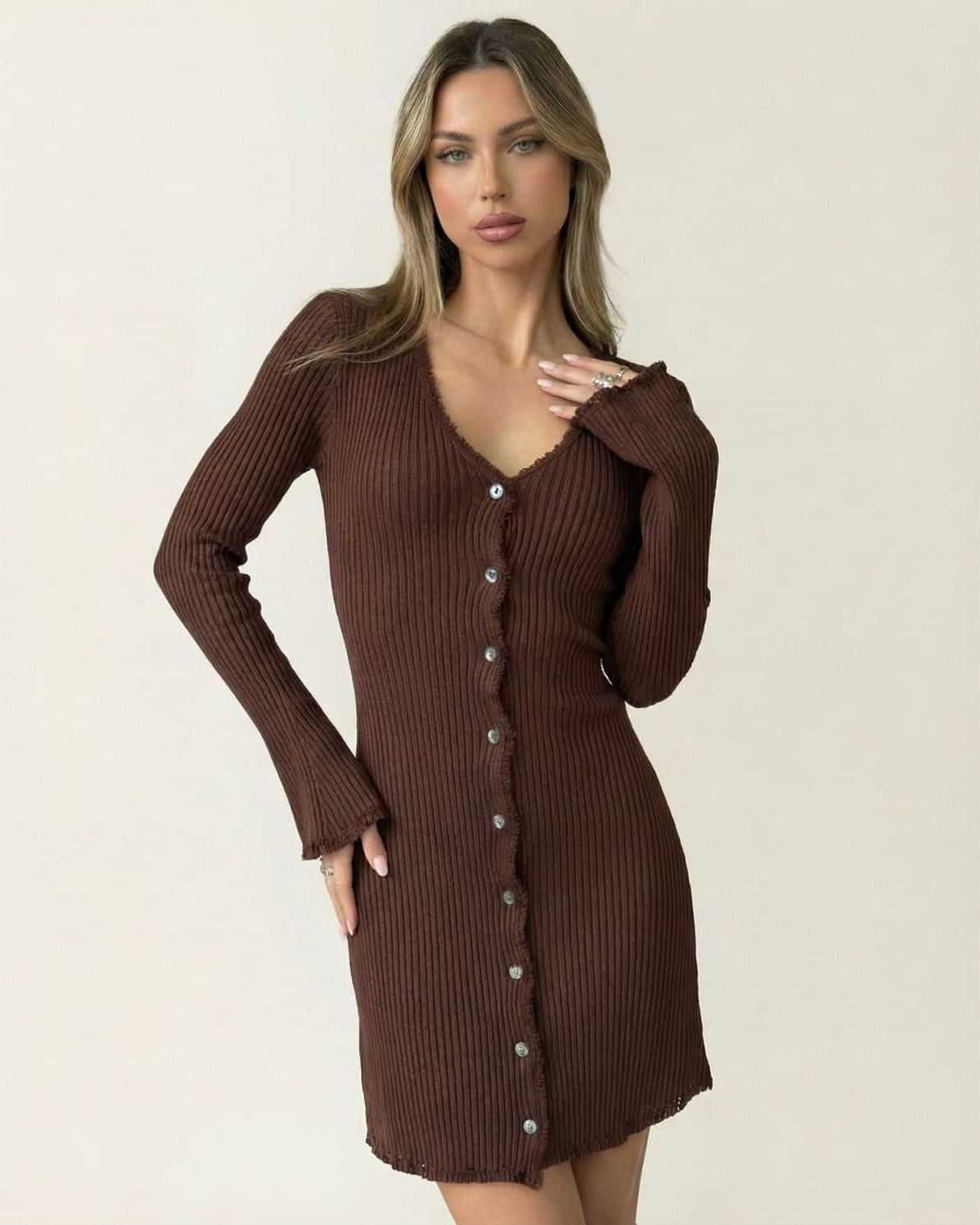 Orion Mini Dress by Lauven, ribbed bodycon in deep chocolate with flare sleeves and button details.