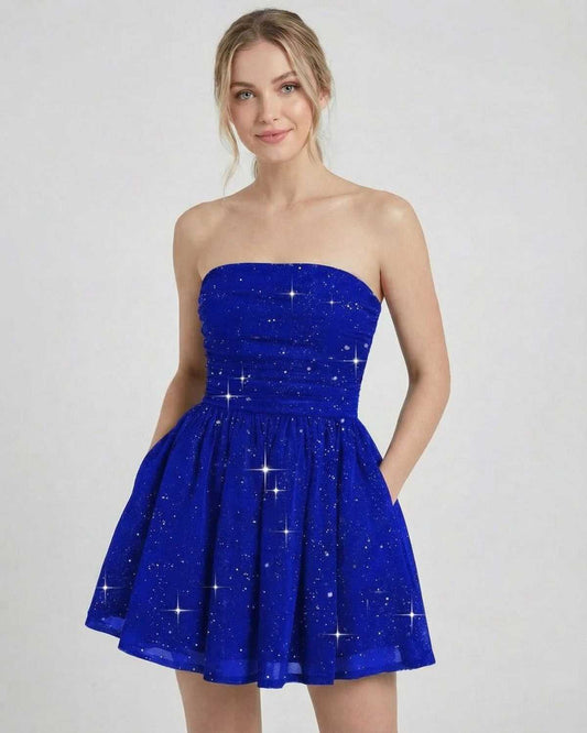Orion Mini Dress by Lauven, strapless A-line mini dress in blue with bow detail and subtle shimmer.