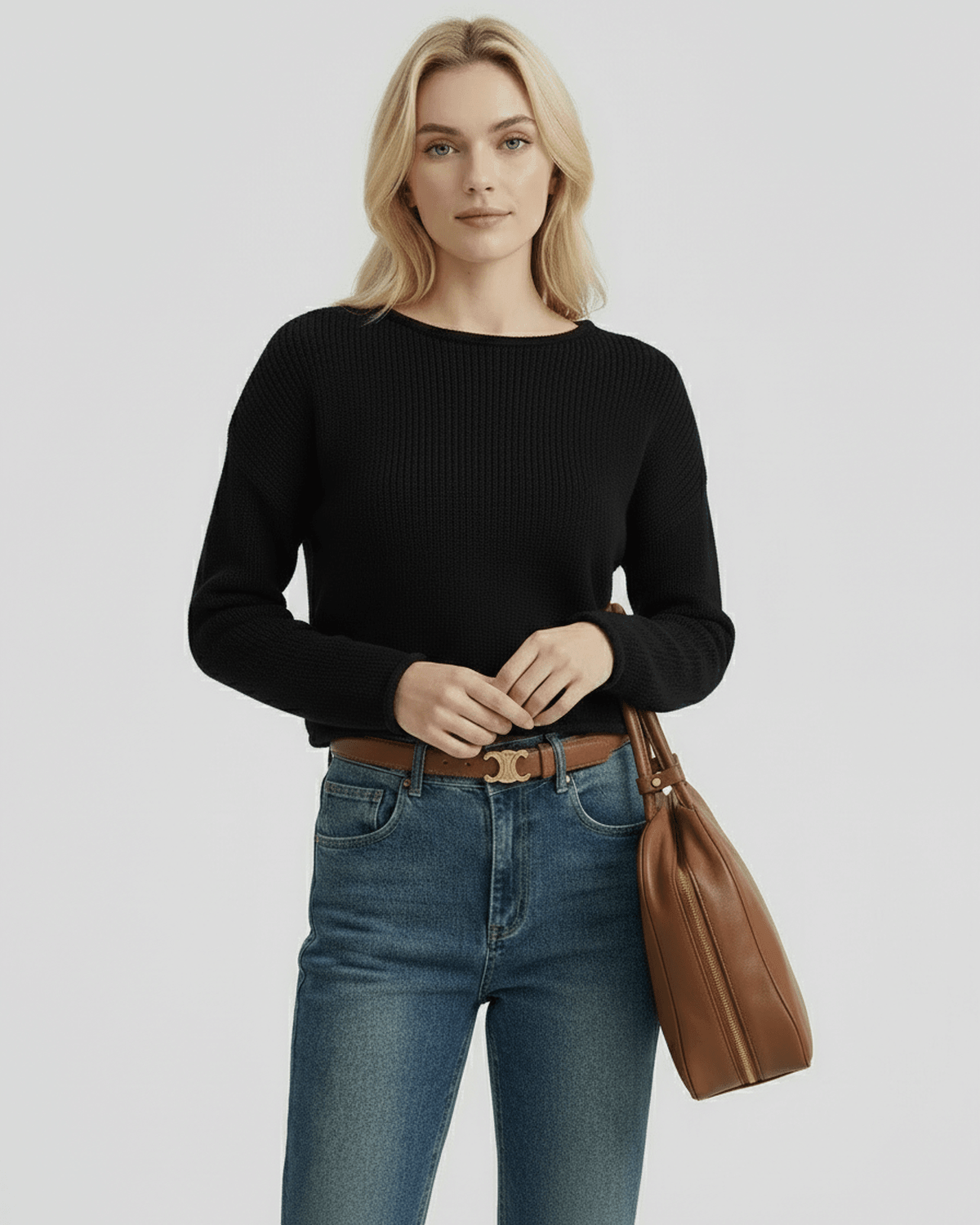Orion Sweater by Lauven, women's black sweater with ribbed knit texture, paired with denim jeans and a brown handbag.
