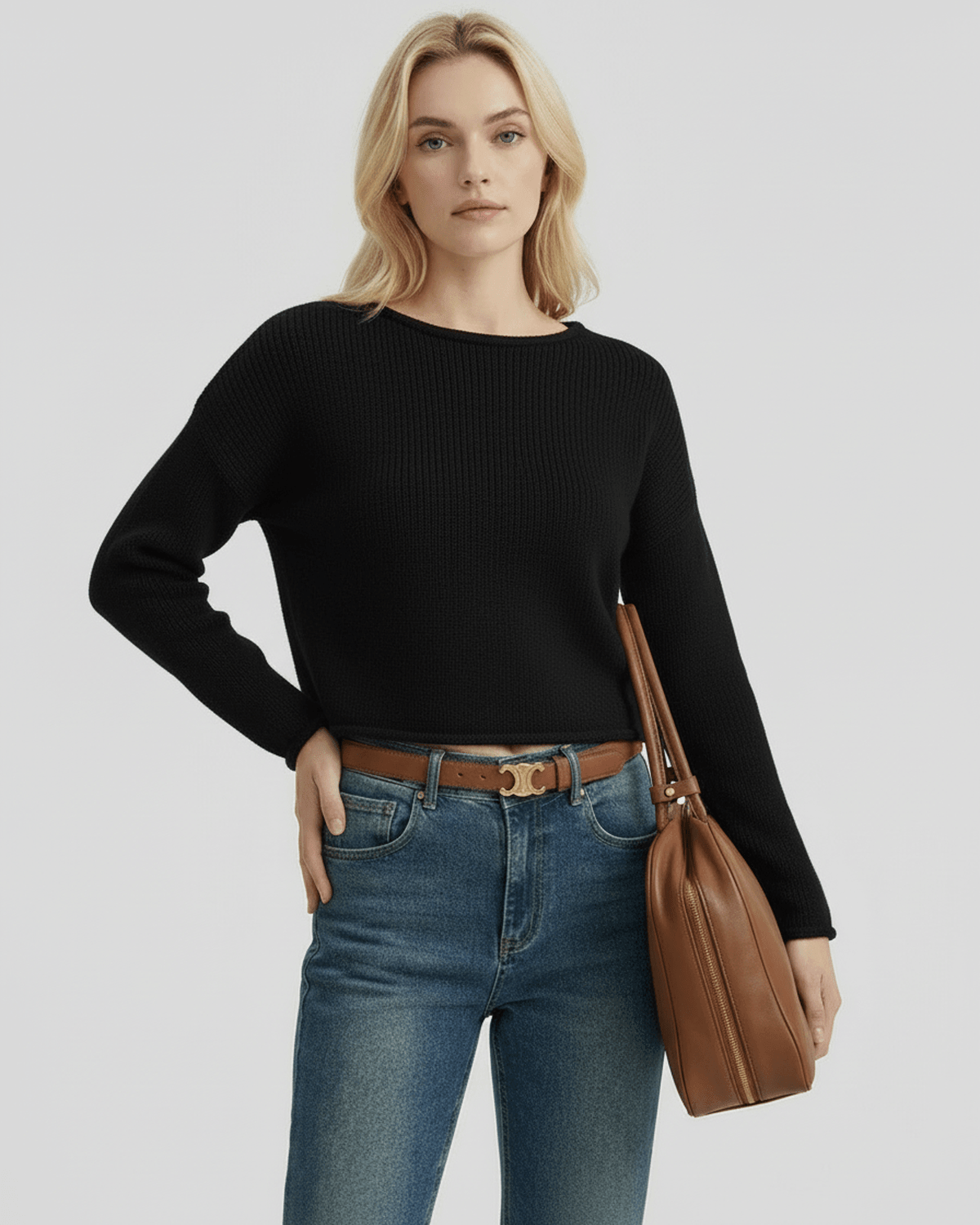 Orion Sweater by Lauven - Women's black ribbed knit sweater with a stylish round neckline.