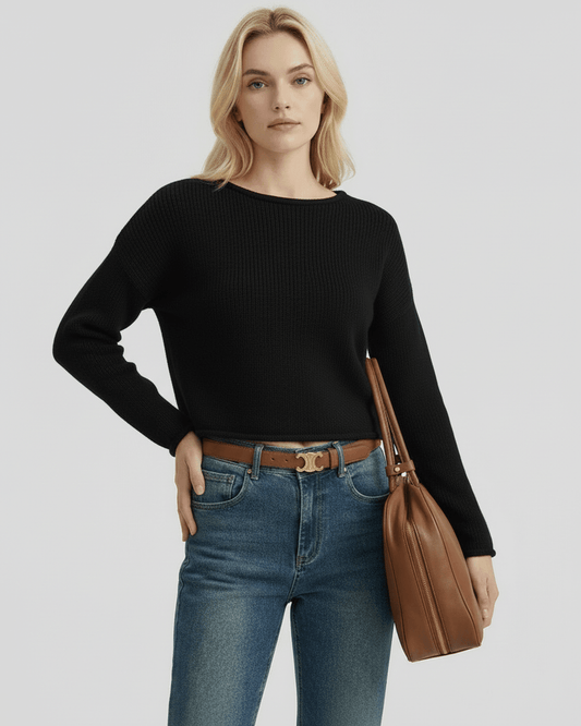 Orion Sweater by Lauven - Women's black ribbed knit sweater with a stylish round neckline.