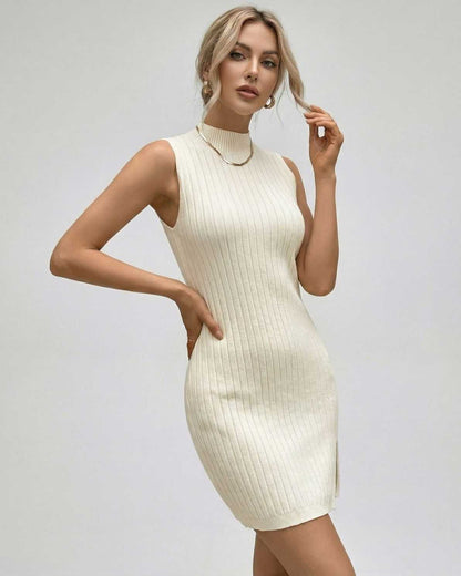 Orionis Mini Dress by Lauven - sleeveless turtleneck ribbed mini dress in white