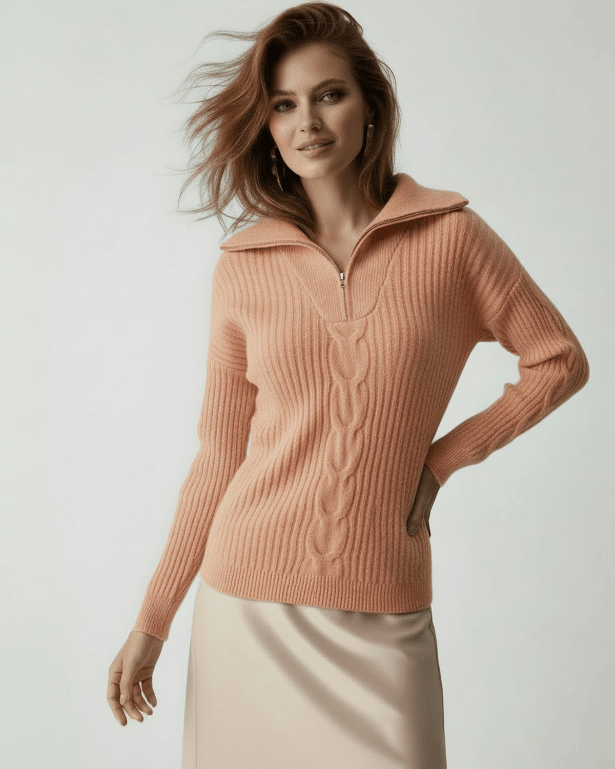 Peach Sienna Sweater by Lauven, women’s peach knit sweater with zip neck and cable detail.