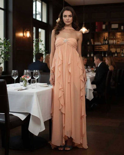 Peachira Maxi Dress from Lauven, elegant strapless ankle-length gown with ruffle details.