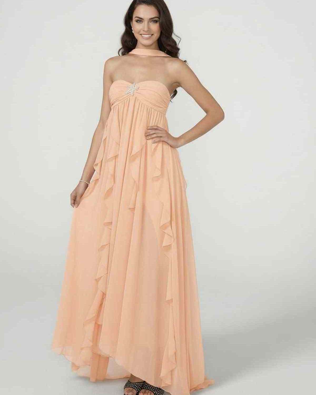 Peachira Maxi Dress by Lauven – Elegant strapless gown with ruffle detail in soft peach color.