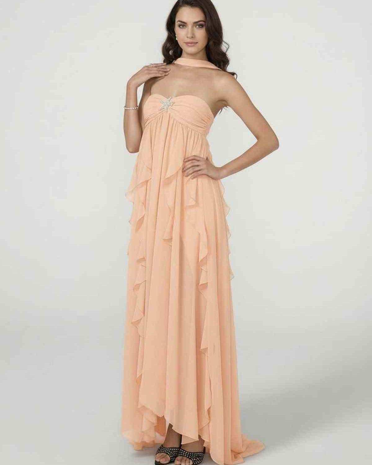 Peachira Maxi Dress by Lauven - Elegant strapless ankle-length gown with cascading ruffle details.